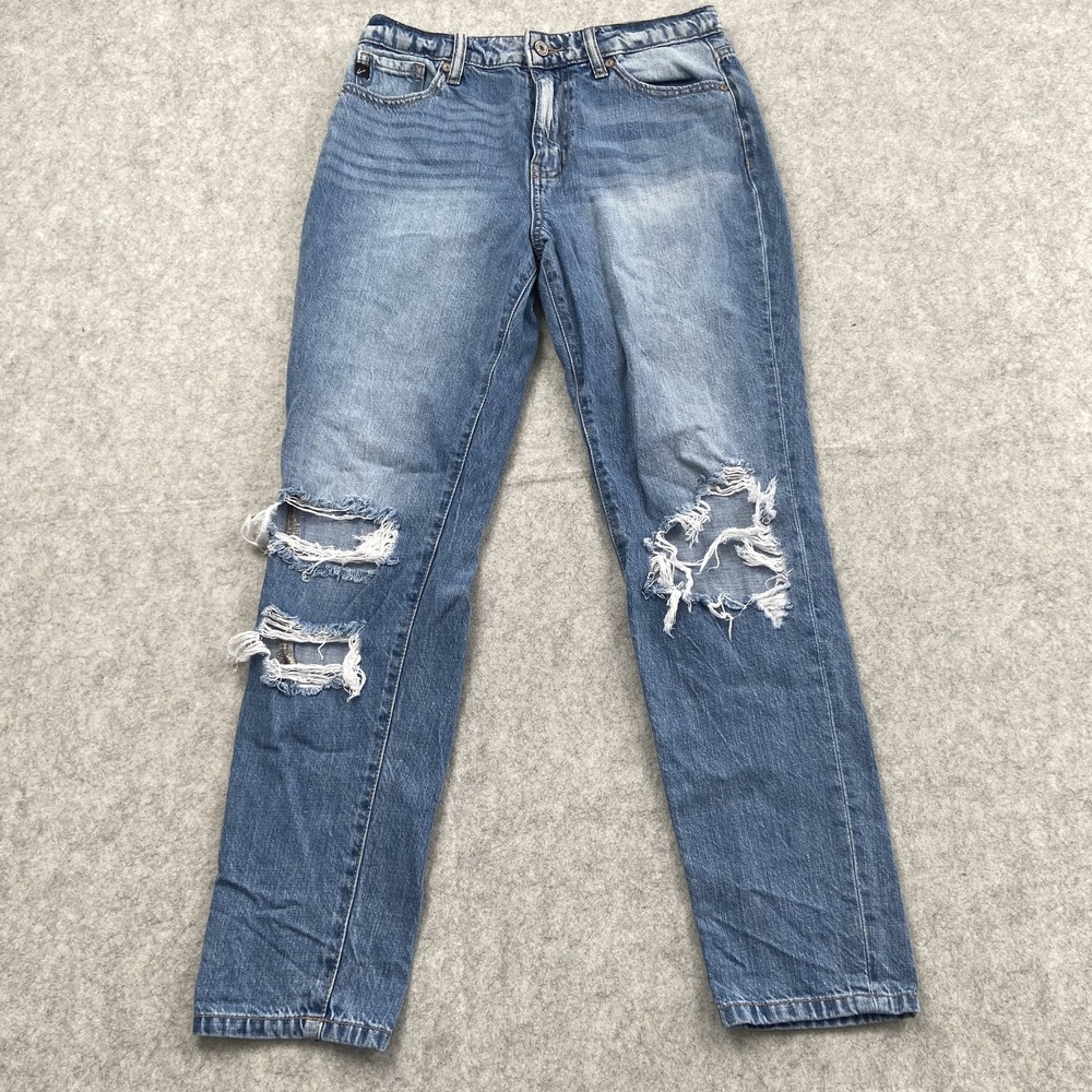 KanCan High Rise Mom Jeans Juniors 3/25 (28x26) Blue Med Wash Distressed Denim